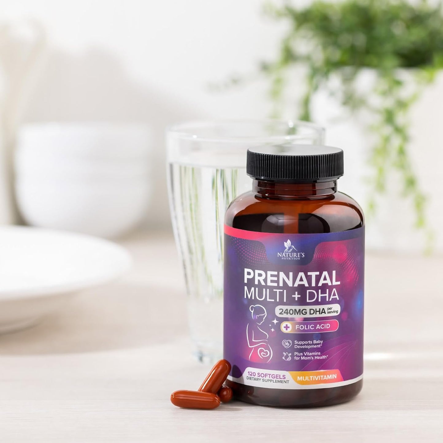 Prenatal Vitamins for Women with Folic Acid + Omega 3 DHA for Fetal Brain Development, Best Prenatal Vitamin Supplement, Daily Pregnancy Multivitamin Nutritional Support, Vegan, Non-Gmo, 120 Softgels