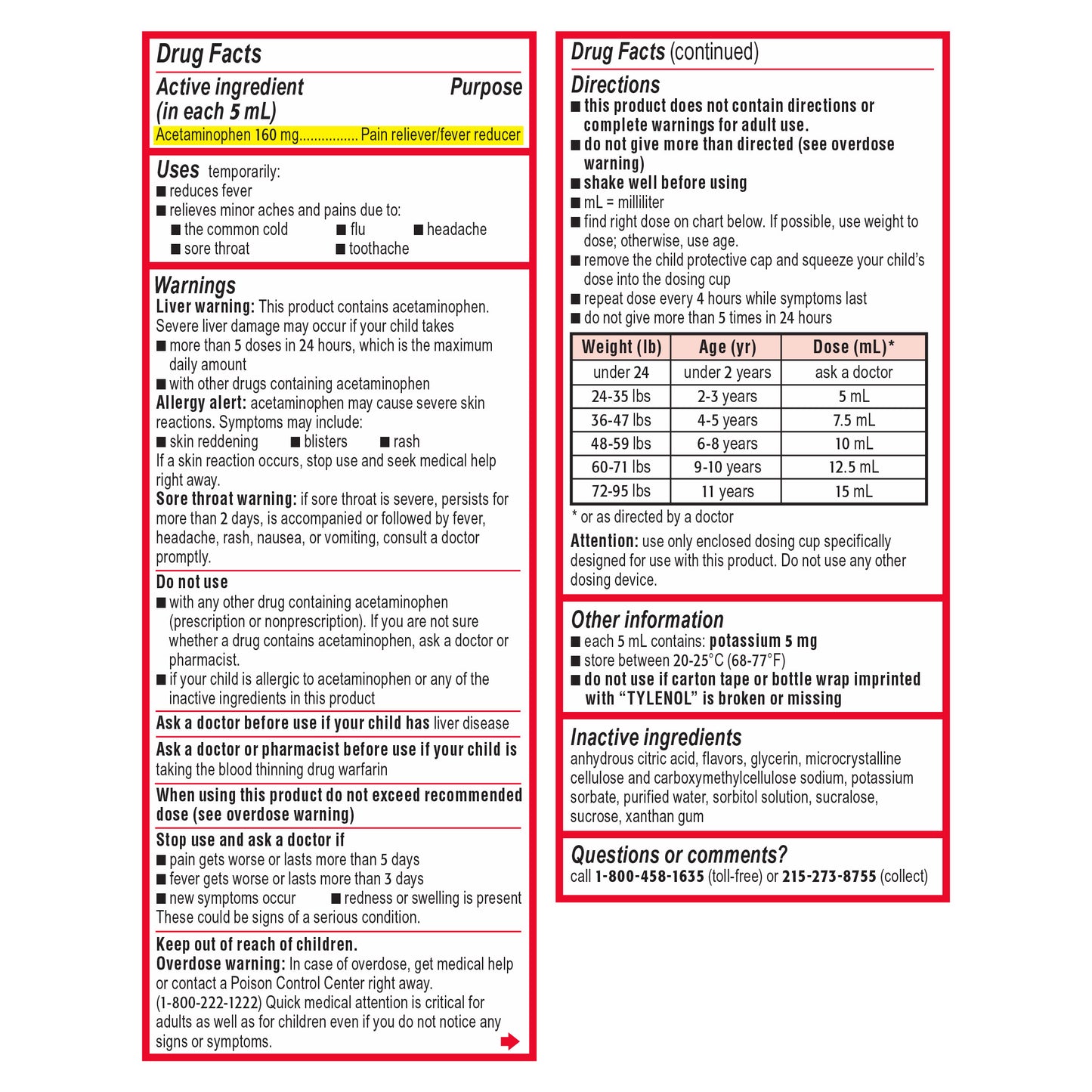 Children'S Tylenol Liquid Pain Relief & Fever Medicine, Dye-Free Cherry Flavor, 12 Fluid Ounces
