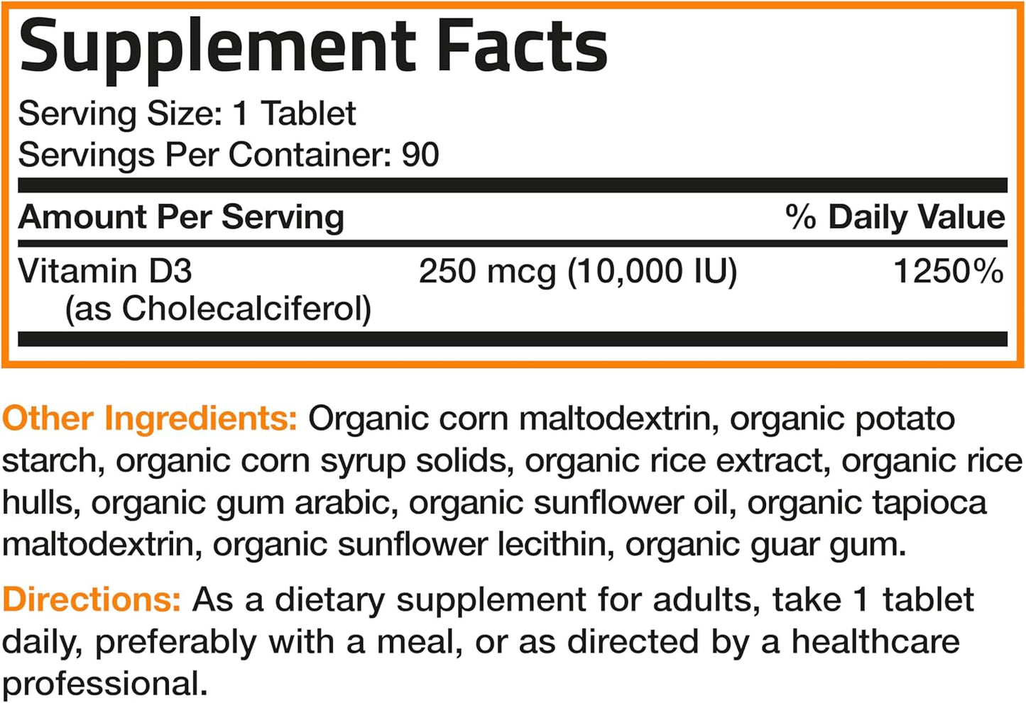 Bronson Vitamin D3 10,000 IU for Immune Support, Healthy Muscle Function & Bone Health, High Organic Non-Gmo Vitamin D Supplement, 90 Tablets