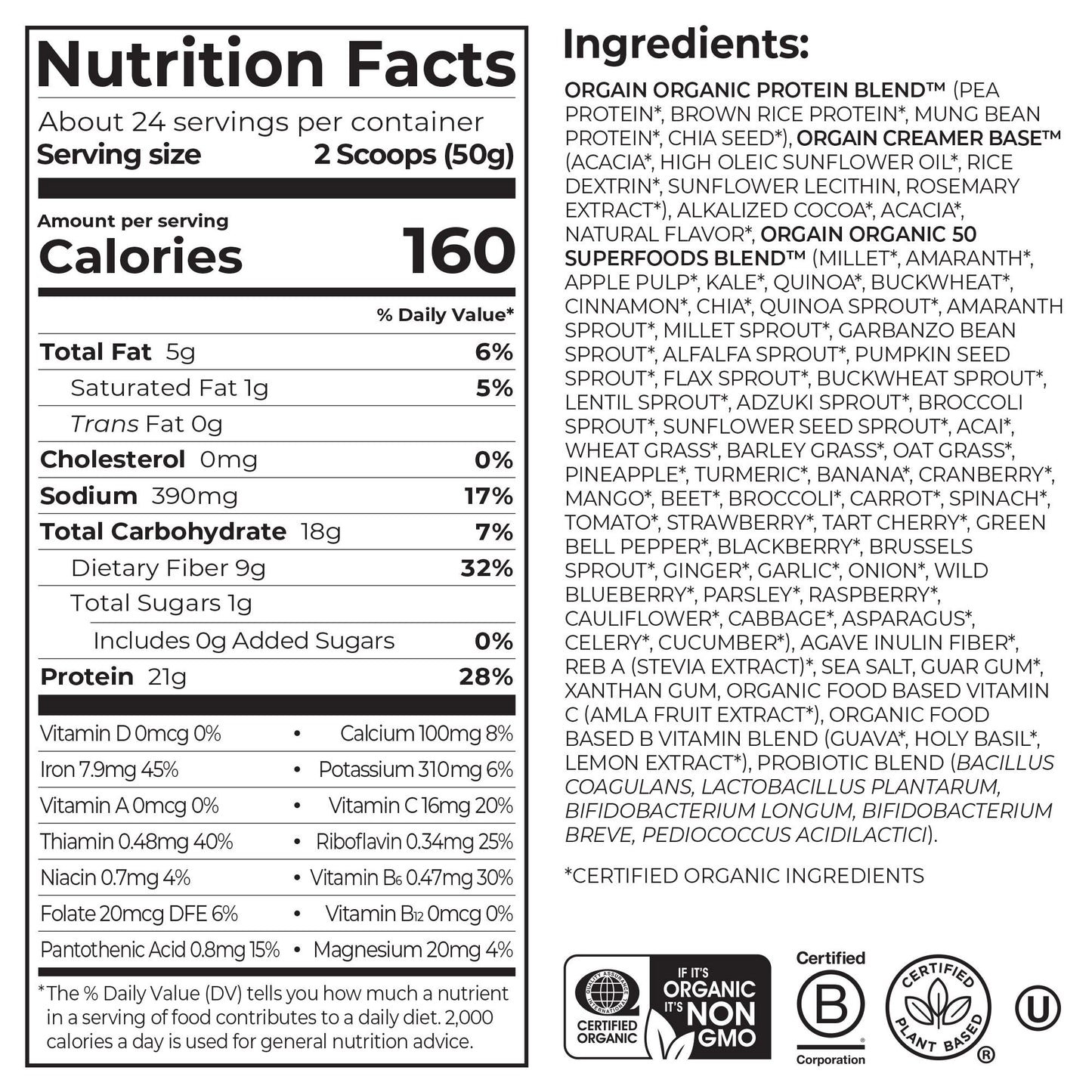Orgain Organic Protein and Superfoods Plant Based Protein Powder, Creamy Chocolate Fudge, 2.64 Lbs