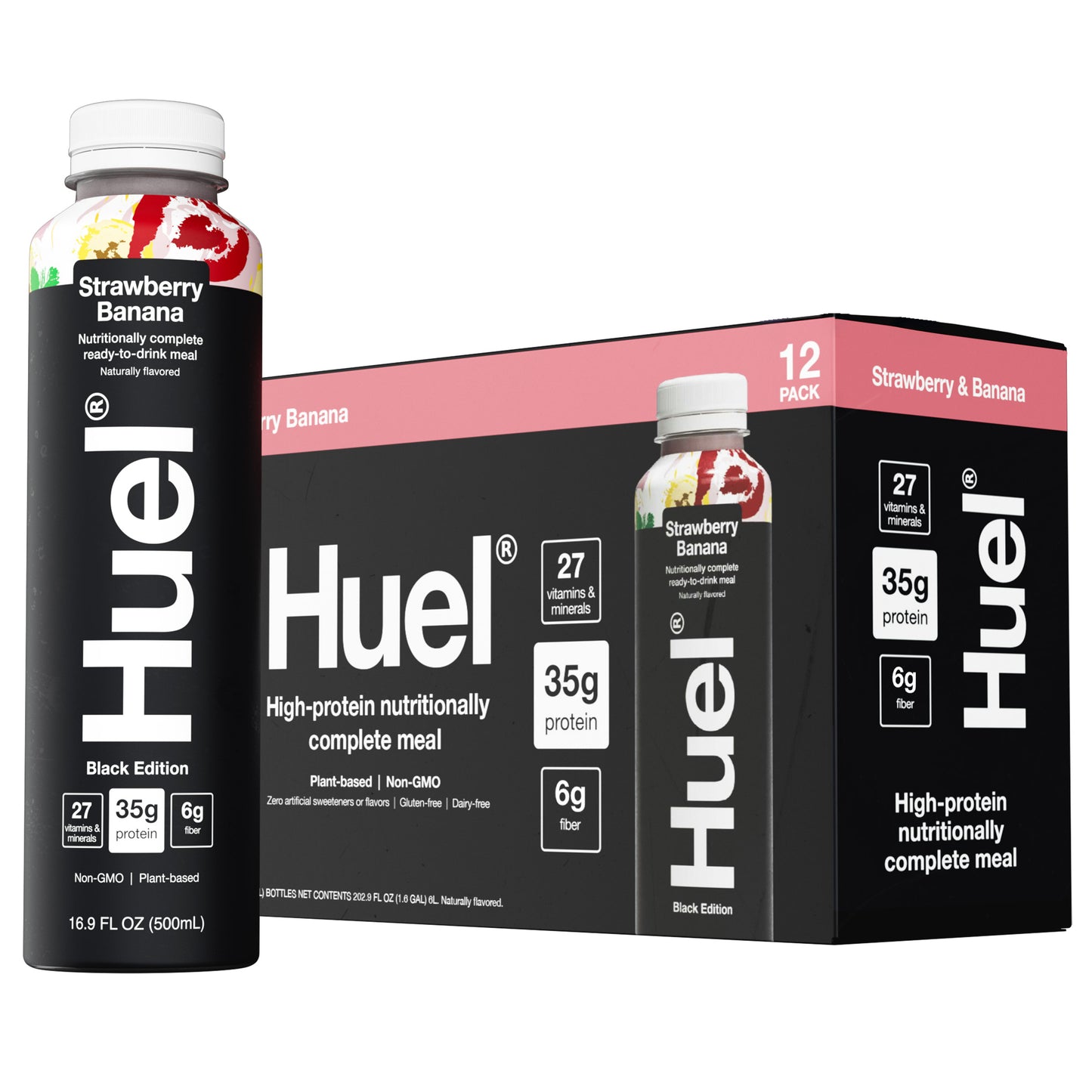 Huel Black Edition High-Protein Strawberry Banana Meal Drink, 16.9 Fl Oz, 12-Pack