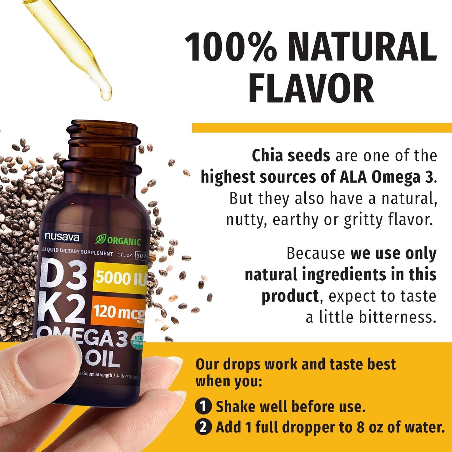 (2 Pack) Organic Vitamin D3 K2 Drops with MCT Oil Omega 3, 5000 IU, Maximum Strength Vitamin D Liquid, No Fillers, Non-Gmo Liquid D3 for Faster Absorption and Immune Support (Unflavored, 2 Fl Oz)