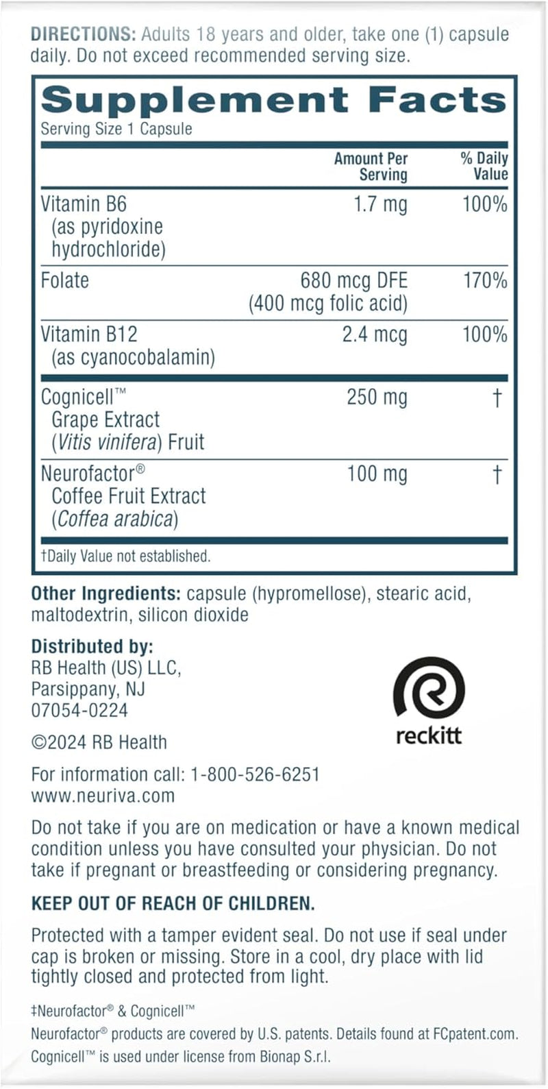 NEURIVA Memory 3D Brain Supplement - Decaffeinated Nootropic Capsules for Memory, Focus, & Cognitive Function - Short Term, Long Term, & Working Memory Support - 50Ct