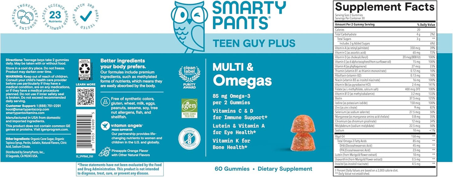 Smartypants Teen Guy Multivitamin Gummies - Improved Formula: Omega 3 (DHA/EPA), Vitamin D3, C, Vitamin B12, B6, A, K & Zinc, Folate, Gluten Free, Fruit Flavor, 60 Count (30 Day Supply)