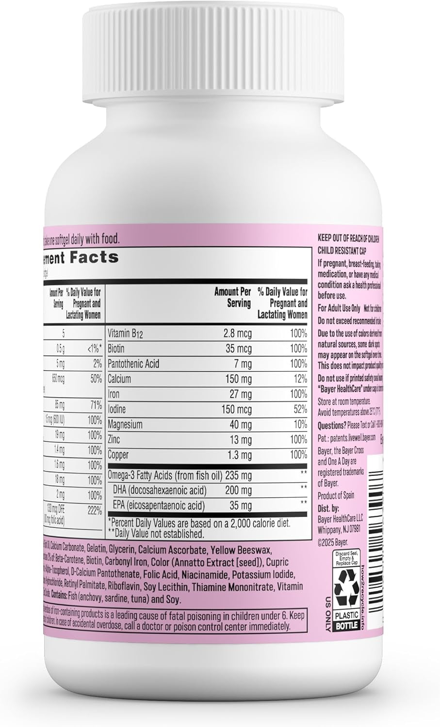 One a Day Prenatal Vitamins- Folic Acid, Iron, Omega- 3 (DHA), Pregnancy Vitamins for Women, Prenatal Multivitamin for Mom and Baby Support, Pregnancy Must Haves 90 Ct (Packaging May Vary)
