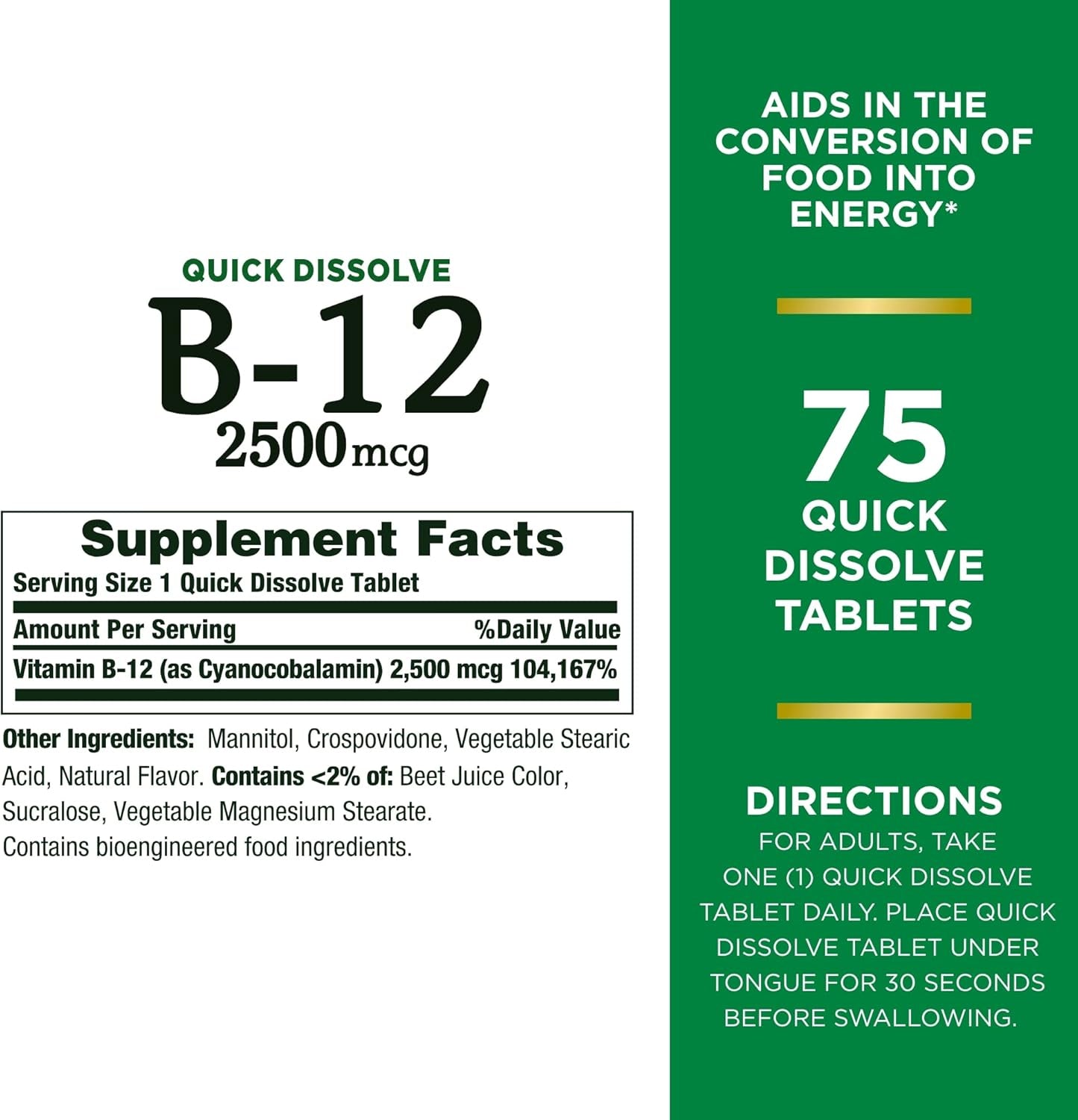 Nature’S Bounty Vitamin B12 2500 Mcg, Cellular Energy Support, for Energy Metabolism, Heart & Nervous System Health, 75 Quick Dissolve Tablets