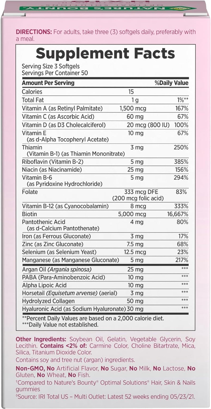 Nature'S Bounty Advanced Hair, Skin & Nails, Argan-Infused Vitamin Supplement with Biotin and Hyaluronic Acid, 150 Rapid Release Softgels, 50 Total Servings