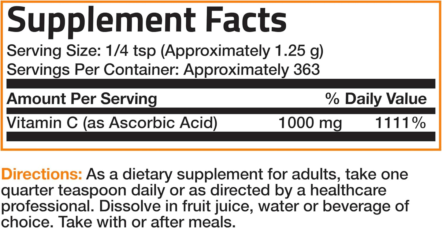 Bronson Vitamin C Powder Pure Ascorbic Acid Soluble Fine Non GMO Crystals – Promotes Healthy Immune System and Cell Protection – Powerful Antioxidant - 1 Pound (16 Ounces)
