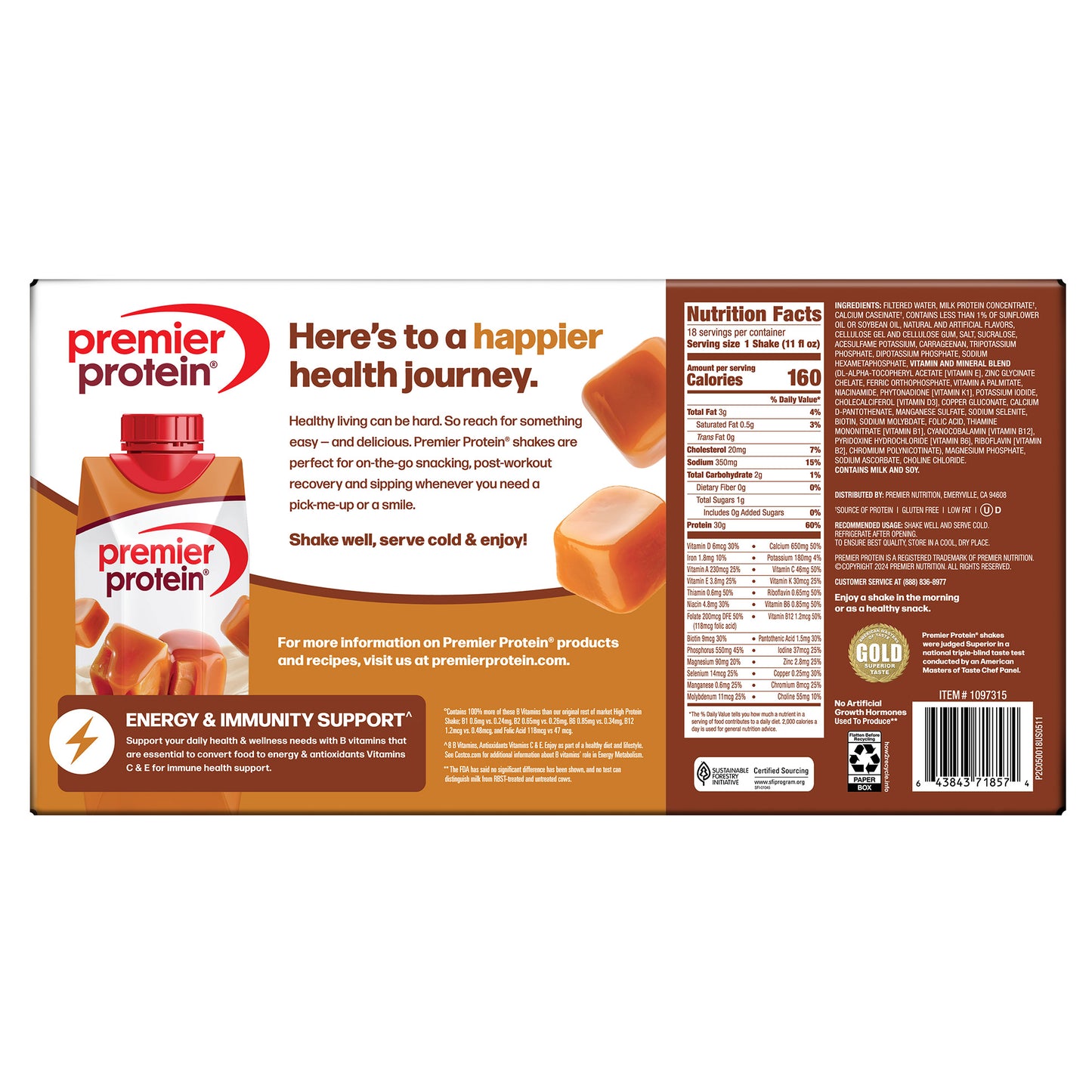 Premier 30G Protein plus Energy and Immune Support Shakes, Caramel, 11 Fl Oz, 18-Pack