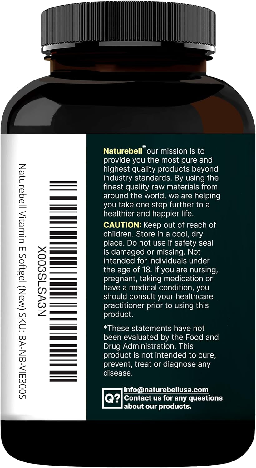 Naturebell Vitamin E Oil Softgels, 1,000 IU per Serving, 300 Pills | Essential Antioxidant Supplements, Easily Absorbed Form – Supports Skin, Heart, & Immune Health – Non-Gmo