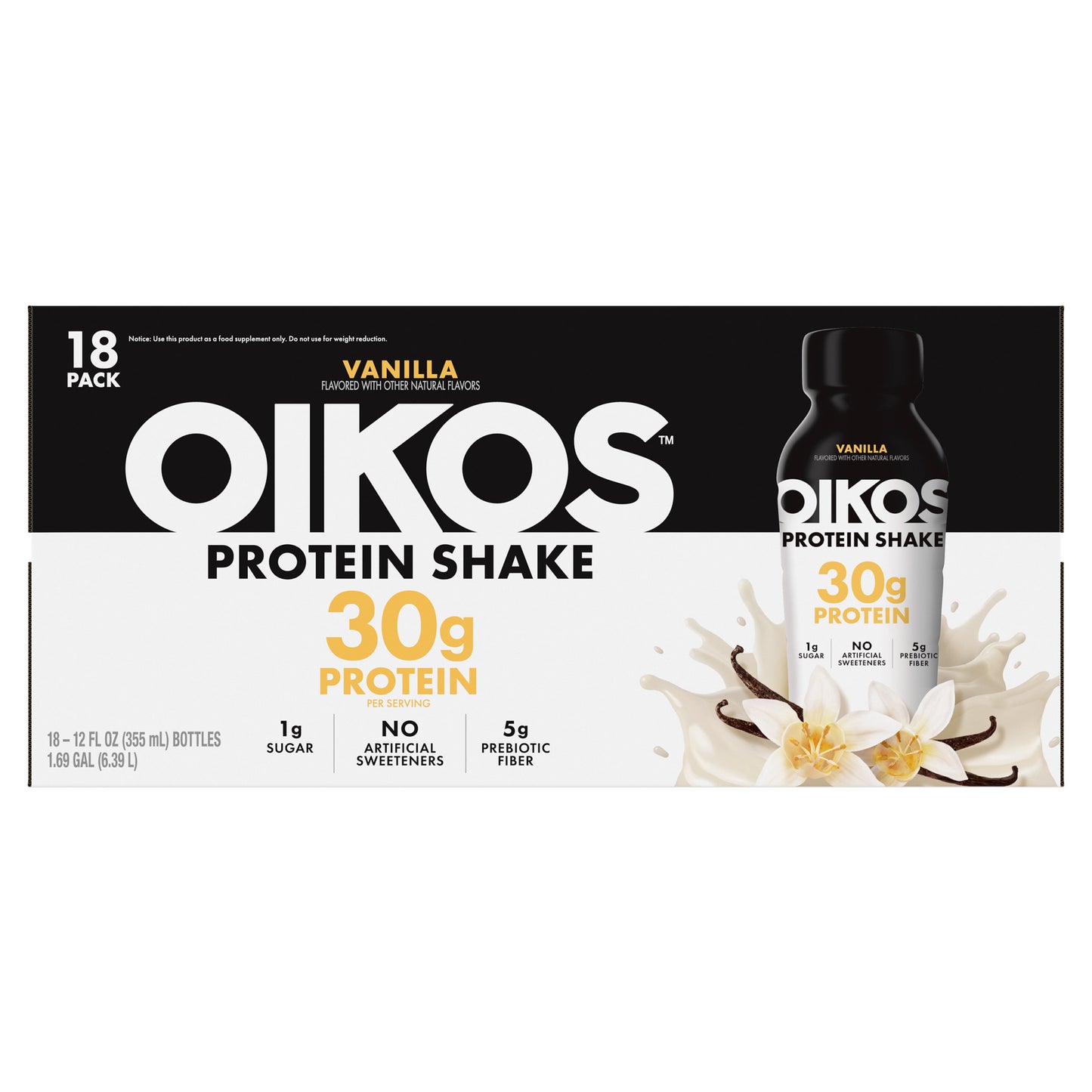 Oikos 30G Protein Shake, Vanilla, 12 Fl Oz, 18-Pack