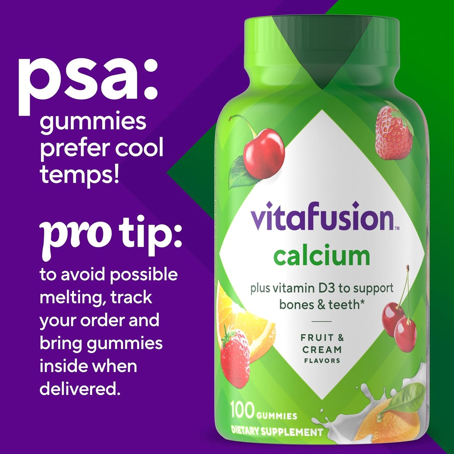 Vitafusion Chewable Calcium Gummy Vitamins for Bone and Teeth Support, Calcium Gummies, Fruit and Cream Flavor, 100 Count, 50 Day Supply