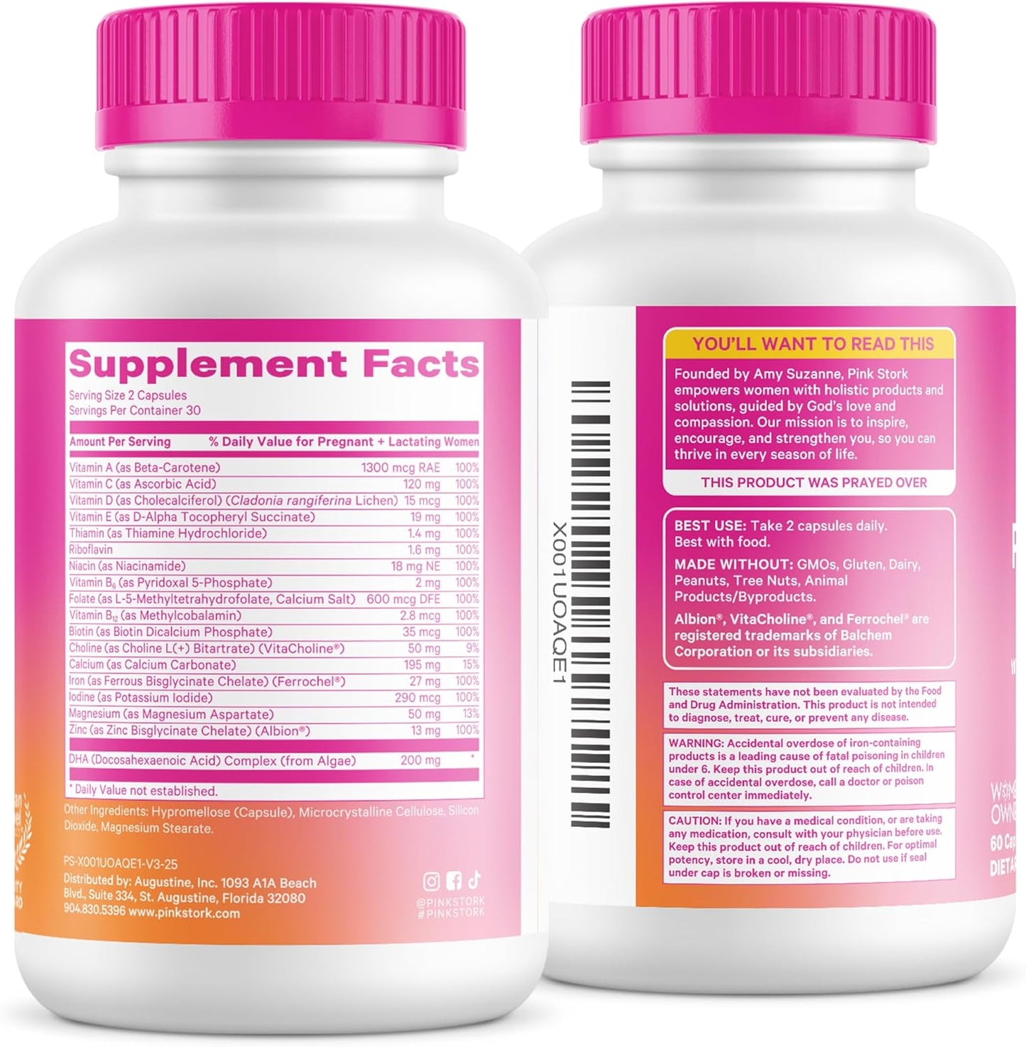 Pink Stork Total Prenatal Vitamins with DHA, Folate, Iron, Choline, and Vitamin B12 - Prenatals for Women to Support Fetal Development, Pregnancy Essentials, Berry Essence, 60 Capsules, 1 Month Supply