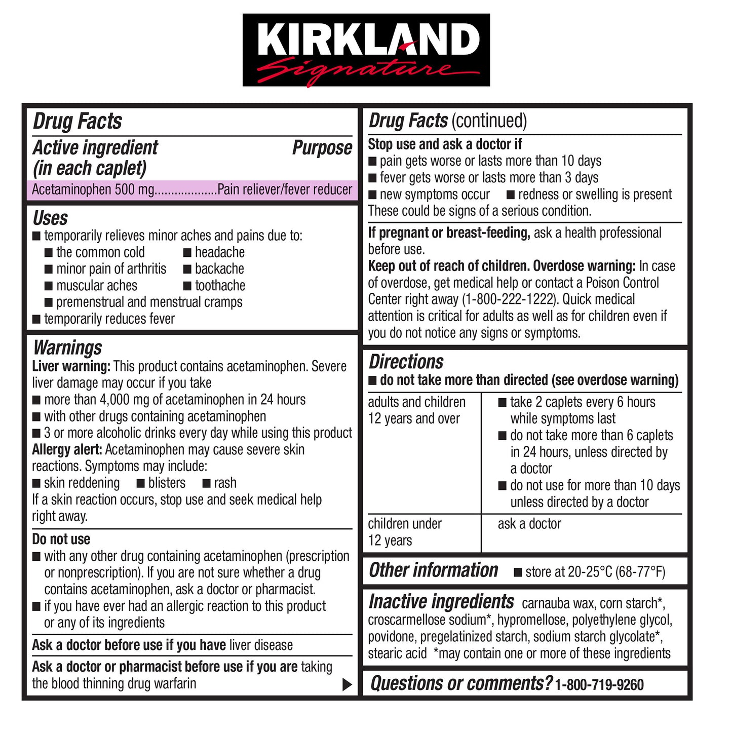 Kirkland Signature Extra Strength Acetaminophen 500 Mg., 1,000 Caplets
