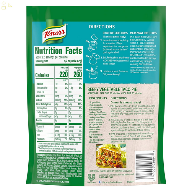 Knorr Taco Rice Sides with Authentic Taco Flavor Taco Rice No Artificial Flavors 5.4 Oz
