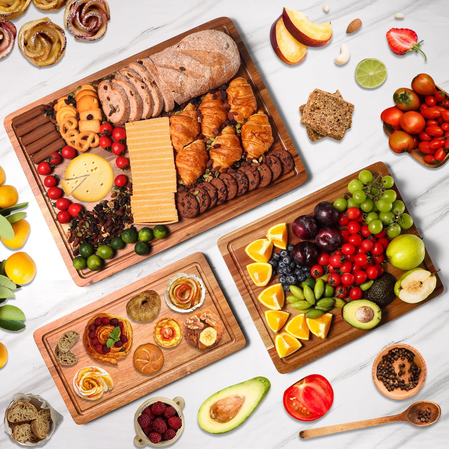 Wood Cutting Boards Set of 3 for Kitchen, Thick Chopping Board, (17x12, 12x10, 12x7 inch)