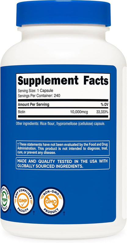 Biotin (Vitamin B7) 10,000Mcg (10Mg) Vitamin Supplement, 240 Capsules - Vegetarian, Gluten Free, Quick Release, Non-Gmo