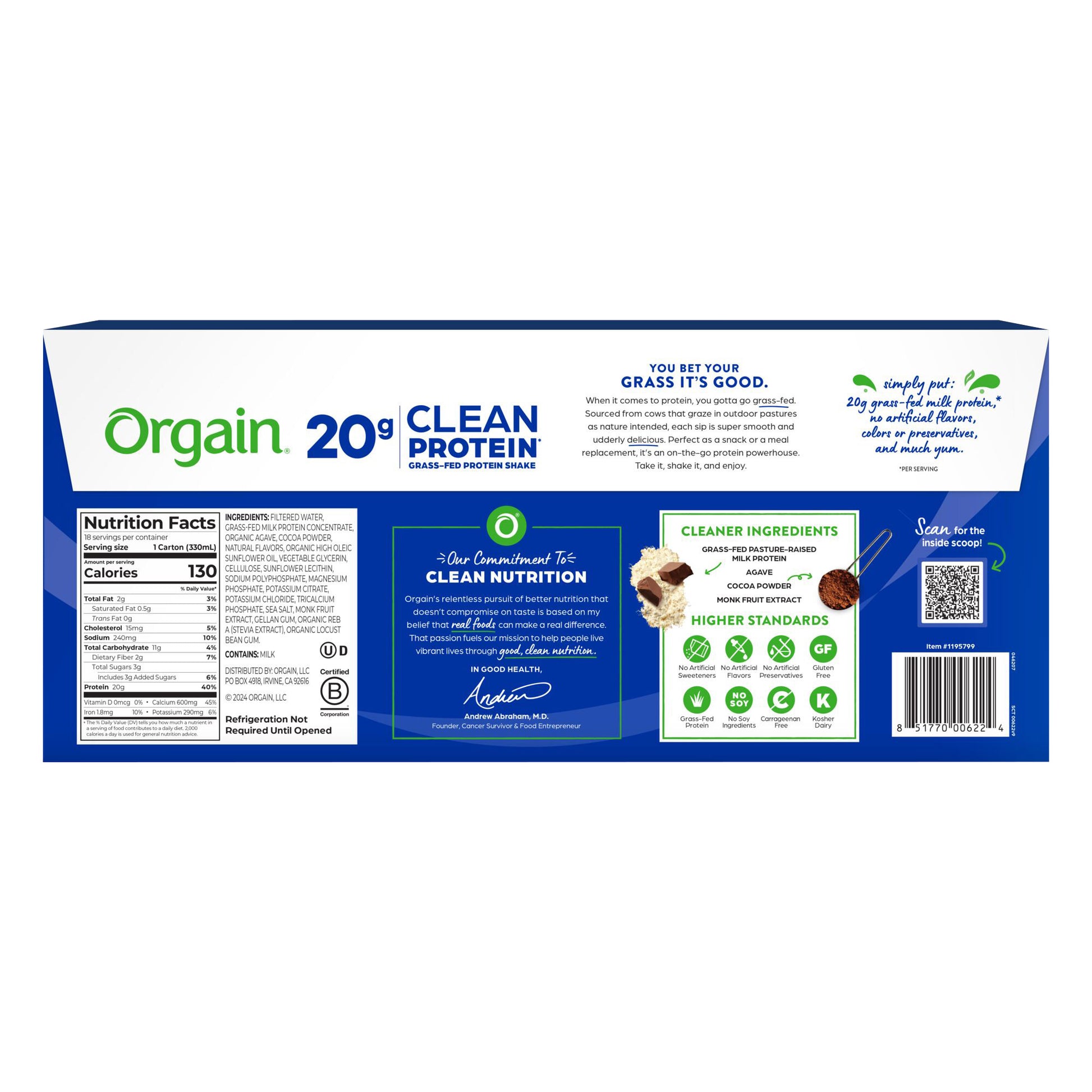 Orgain Clean Grass Fed Protein Shake, Creamy Chocolate Fudge, 11 Fl Oz, 18-Pack