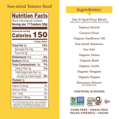 Simple Mills Almond Flour Crackers, Sundried Tomato & Basil - Gluten Free, Vegan, Healthy Snacks, Plant Based, 4.25 Ounce (Pack of 1)
