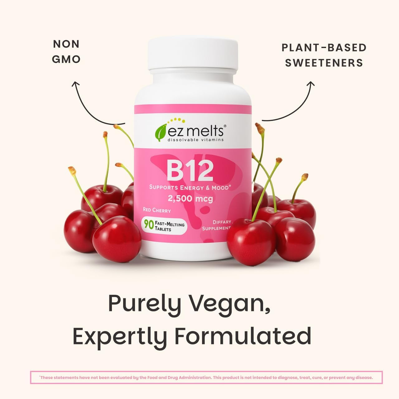 EZ Melts Dissolvable B12 2,500 Mcg - Vitamin B12 for Energy & Immune Support - Non-Gmo, Vegan & Gluten-Free - Red Cherry - 90 Sublingual Tablets (90 Servings)