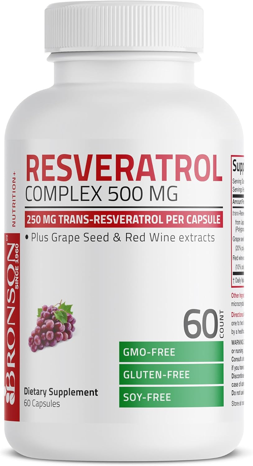 Bronson Resveratrol 500 Complex Standardized Trans-Resveratrol + Grape Seed & Red Wine Extract, 60 Capsules