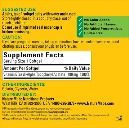 Nature Made Vitamin E 180 Mg (400 IU) Dl-Alpha, Dietary Supplement for Antioxidant Support, 300 Softgels, 300 Day Supply
