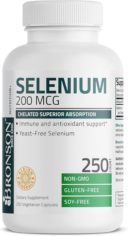 Bronson Selenium 200 Mcg – Yeast Free Chelated Amino Acid Complex - Essential Trace Mineral with Superior Absorption, 250 Vegetarian Capsules