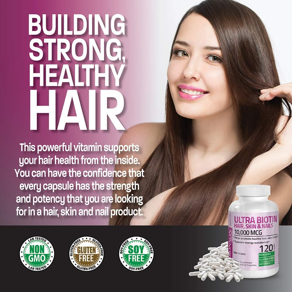 Bronson Ultra Biotin 10,000 Mcg Hair Skin and Nails Supplement, Non-Gmo, 120 Vegetarian Capsules