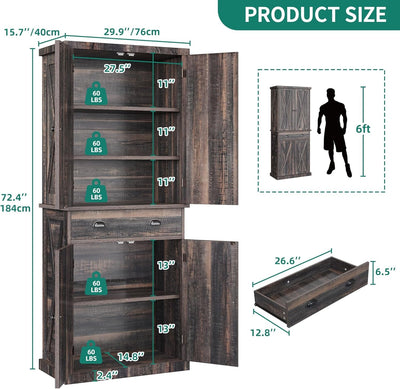 Kitchen Pantry Storage Cabinet, 72'' with Large Drawer and Adjustable Shelves, Dark Rustic Oak