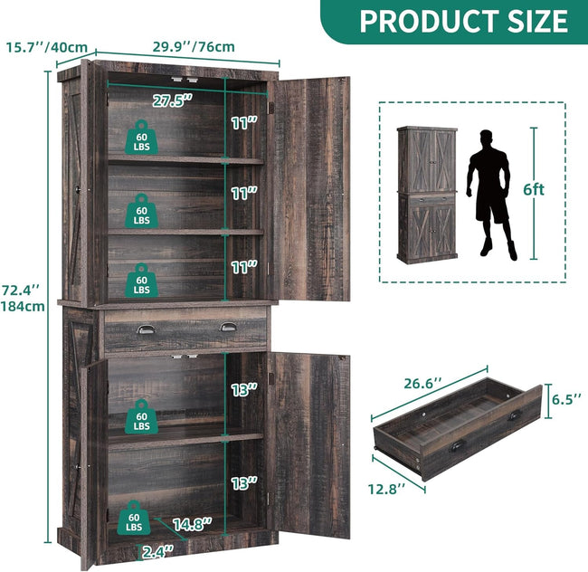 Kitchen Pantry Storage Cabinet, 72'' with Large Drawer and Adjustable Shelves, Dark Rustic Oak