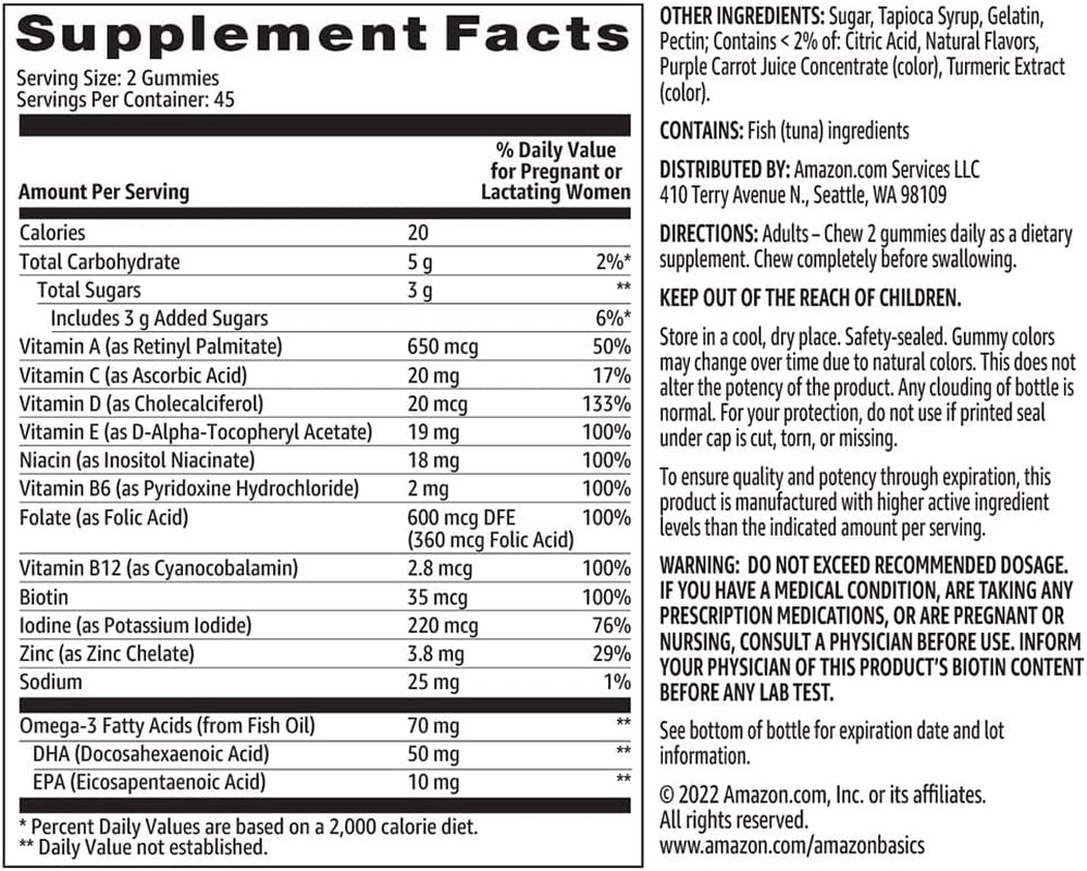 Prenatal & DHA Gummy, Rasberry & Lemon Flavor, 90 Count (Previously Solimo)