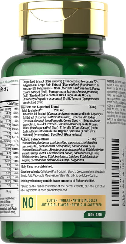 Carlyle Fruits and Veggies Supplement | 120 Count | Superfood Multivitamin with Probiotics | Made with 20 Fruits and Vegetables | Non-Gmo & Gluten Free