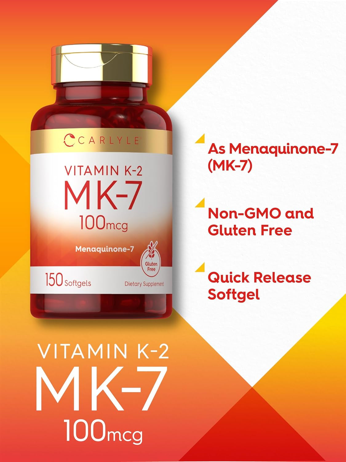 Carlyle Vitamin K2 MK7 100 Mcg | 150 Softgels | Non-Gmo, Gluten Free Supplement