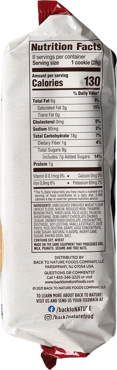 Back to Nature Chocolate Chunk Cookies - Homestyle Soft Baked, Non-Gmo, No Artificial Flavors, Delicious & Quality Snacks, 8 Ounce(Pack of 1)