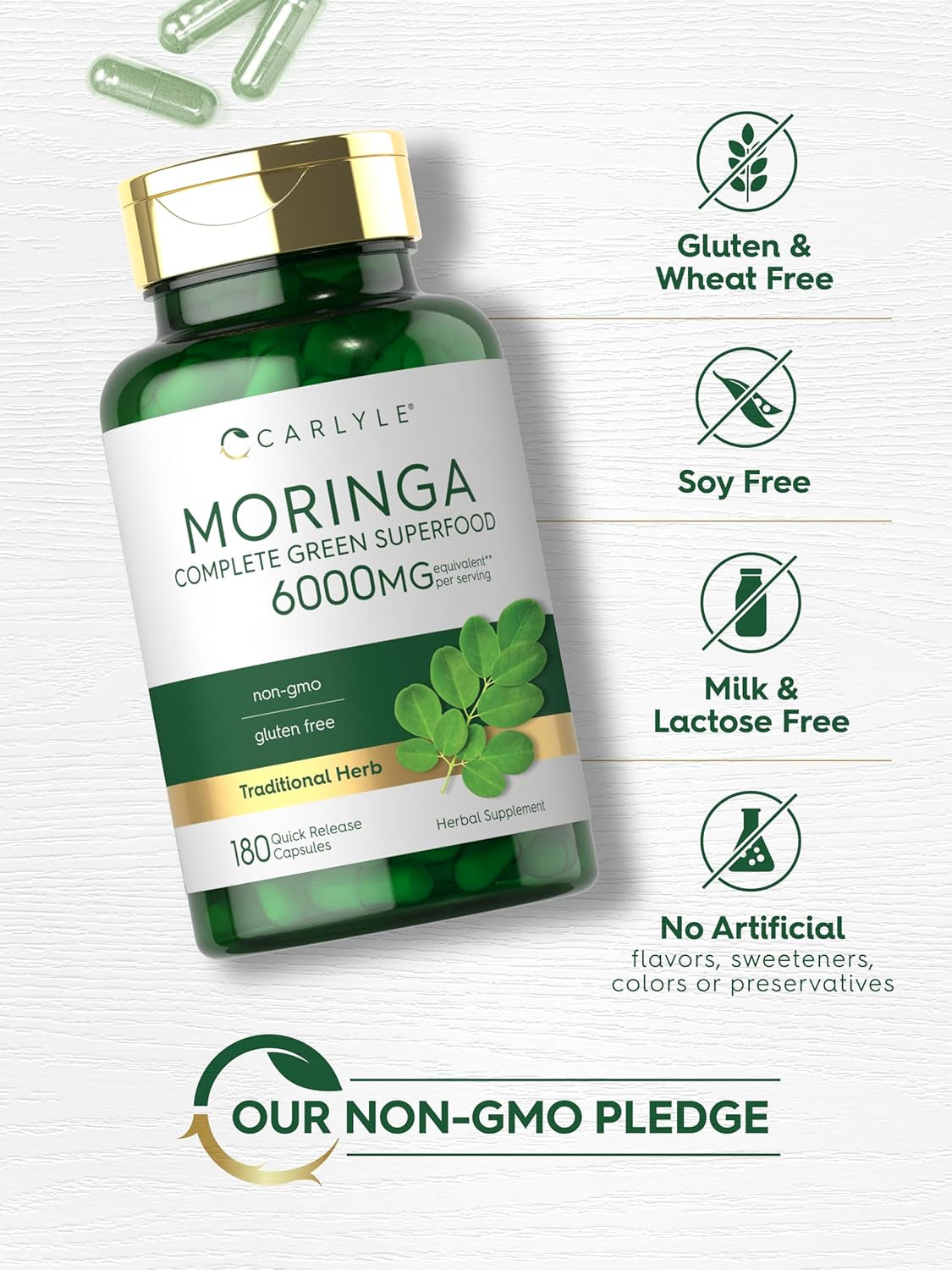 Carlyle Moringa Oleifera | 180 Capsules | Non-Gmo and Gluten Free Supplement | Complete Green Superfood | from Moringa Leaf Powder