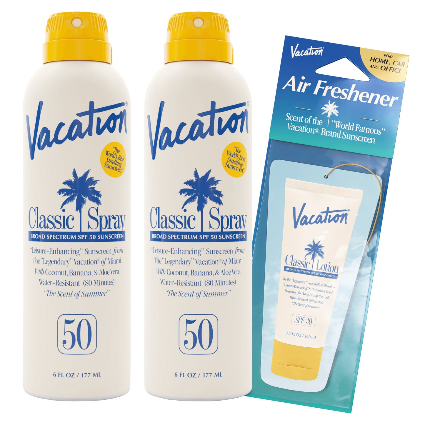 Vacation Classic Spray SPF 50, 6 Oz, 2-Pack and Air Freshener Bundle