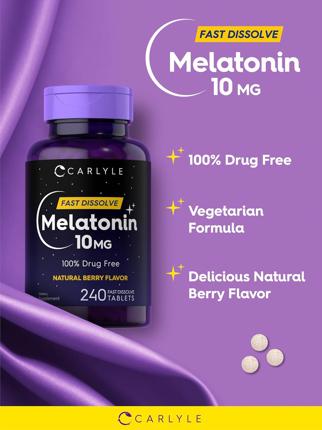 Carlyle Melatonin 10Mg | 240 Pills | Berry Flavor | Fast Dissolve Tablets | Drug Free Supplement | Vegetarian, Non-Gmo, Gluten Free