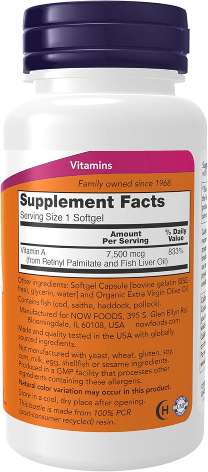 NOW Foods Supplements, Vitamin a (Fish Liver Oil) 25,000 IU, Essential Nutrition, 250 Softgels