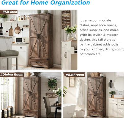 Kitchen Pantry Cabinet with Drawer 72" Tall Cabinet with 2 Barn Doors and Shelves, Rustic Brown