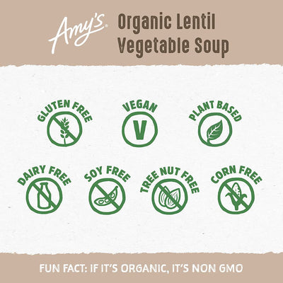 Amy’S Soup, Vegan Lentil Vegetable Soup, Gluten Free, Made with Organic Celery, Carrots, Potatoes and Spinach, Canned Soup, 14.5 Oz