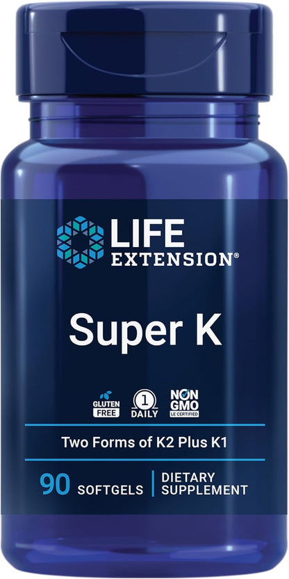 Life Extension Super K, Vitamin K1, Vitamin K2 Mk-7, Vitamin K2 Mk-4, Heart Health, Arterial Health, Calcium Balance, 3-Month Supply, Gluten-Free, 1 Daily, Non-Gmo, 90 Softgels