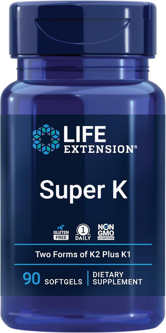 Life Extension Super K, Vitamin K1, Vitamin K2 Mk-7, Vitamin K2 Mk-4, Heart Health, Arterial Health, Calcium Balance, 3-Month Supply, Gluten-Free, 1 Daily, Non-Gmo, 90 Softgels
