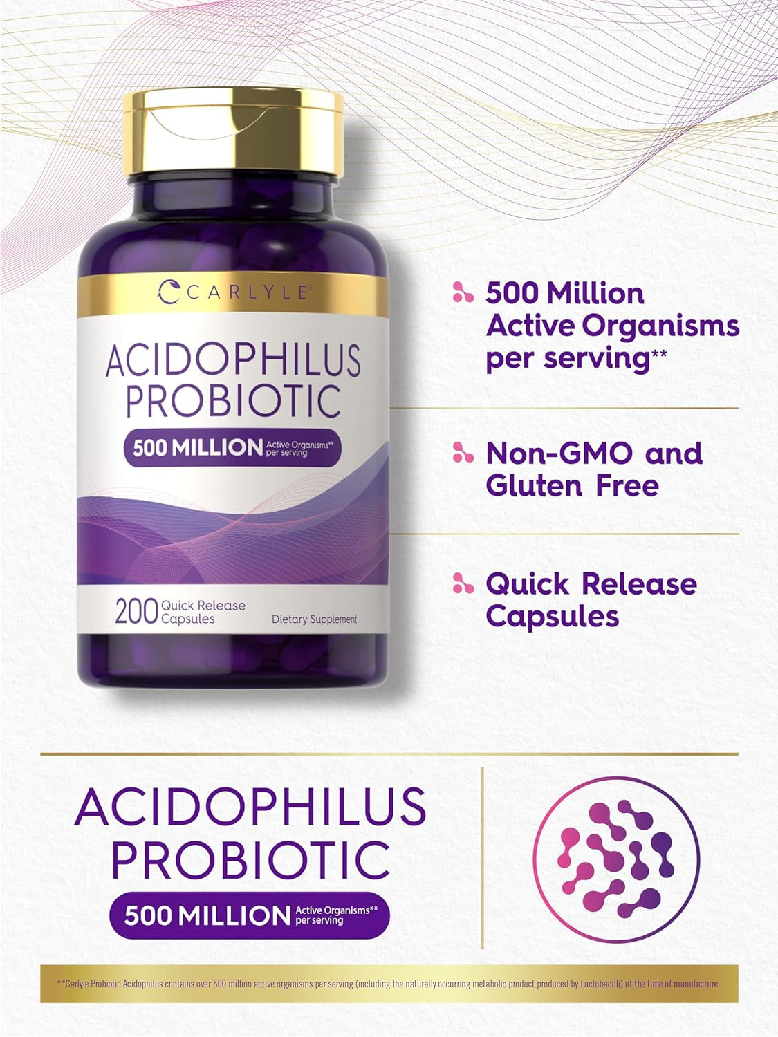 Carlyle Acidophilus Probiotic Capsules for Women and Men | 500 Million CFU | 200 Pills | Lactobacillus Supplement | Non-Gmo and Gluten Free