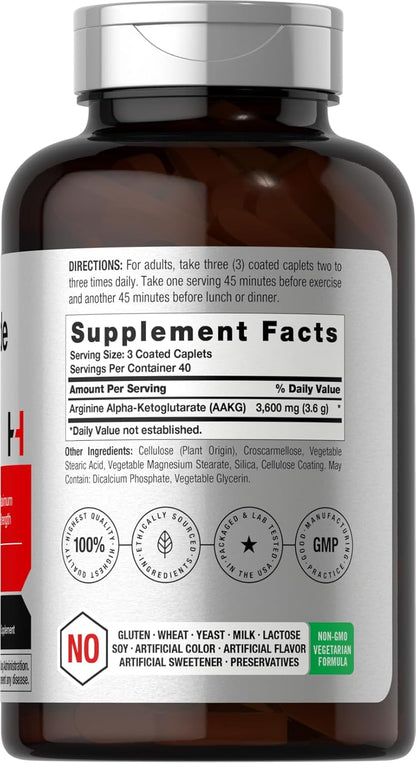 Horbäach Nitric Oxide Max 3600Mg | 120 Caplets | with Arginine AAKG for Men and Women | Vegetarian, Non-Gmo, & Gluten Free Pre Workout Supplement