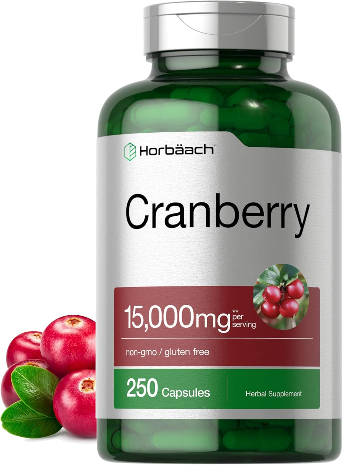 Horbäach Cranberry Pills + Vitamin C | 15,000Mg | 250 Capsules | Non-Gmo and Gluten Free Supplement from Concentrate Extract