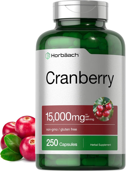 Horbäach Cranberry Pills + Vitamin C | 15,000Mg | 250 Capsules | Non-Gmo and Gluten Free Supplement from Concentrate Extract