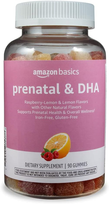 Prenatal & DHA Gummy, Rasberry & Lemon Flavor, 90 Count (Previously Solimo)