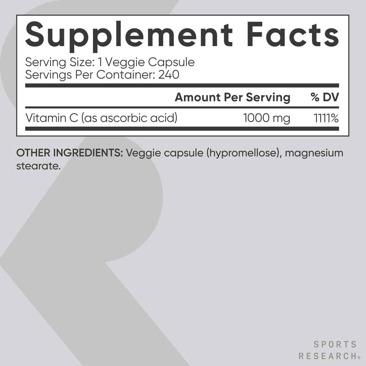 Sports Research High  Vitamin C Supplement - Vegan Veggie Capsules for Antioxidant Activity & Immune Support - Non-Gmo Verified & Gluten Free - Ascorbic Acid Vitamin C 1000Mg, 240 Count