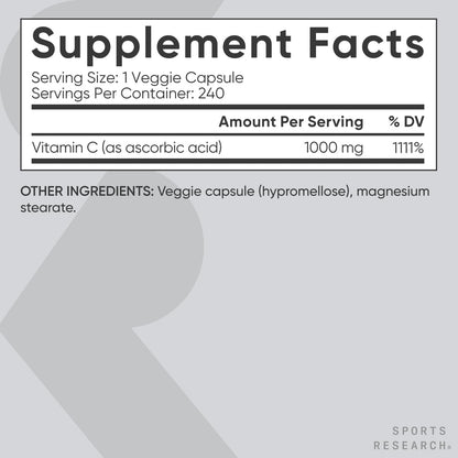 Sports Research High  Vitamin C Supplement - Vegan Veggie Capsules for Antioxidant Activity & Immune Support - Non-Gmo Verified & Gluten Free - Ascorbic Acid Vitamin C 1000Mg, 240 Count