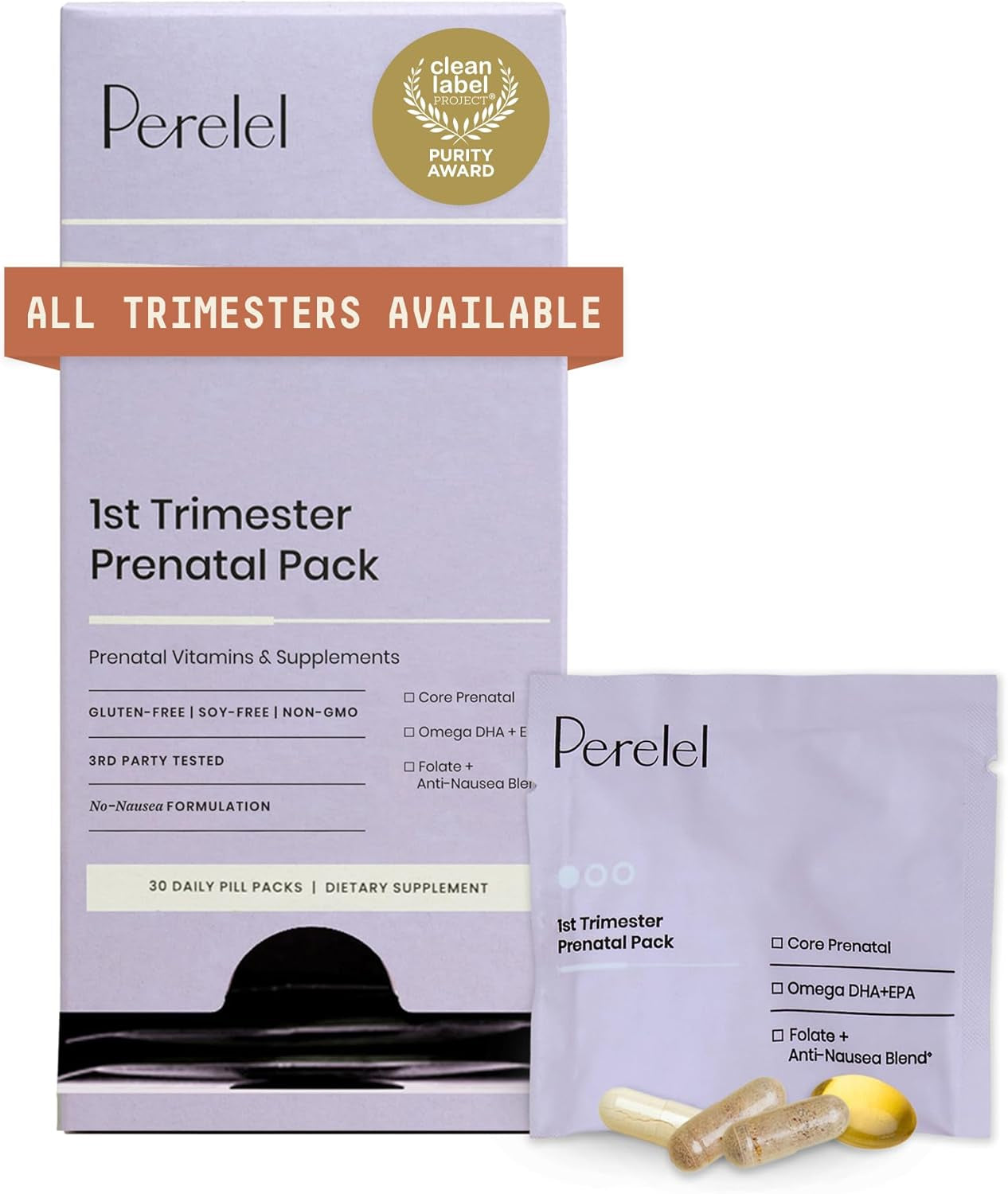 Perelel 1St Trimester Prenatal Pack, Multivitamin with Folate, Vitamin D, Omega 3, Iron & Ginger, Nutritional Support for Early Pregnancy, Soy & Gluten Free, Non GMO, 30 Daily Pill Packs
